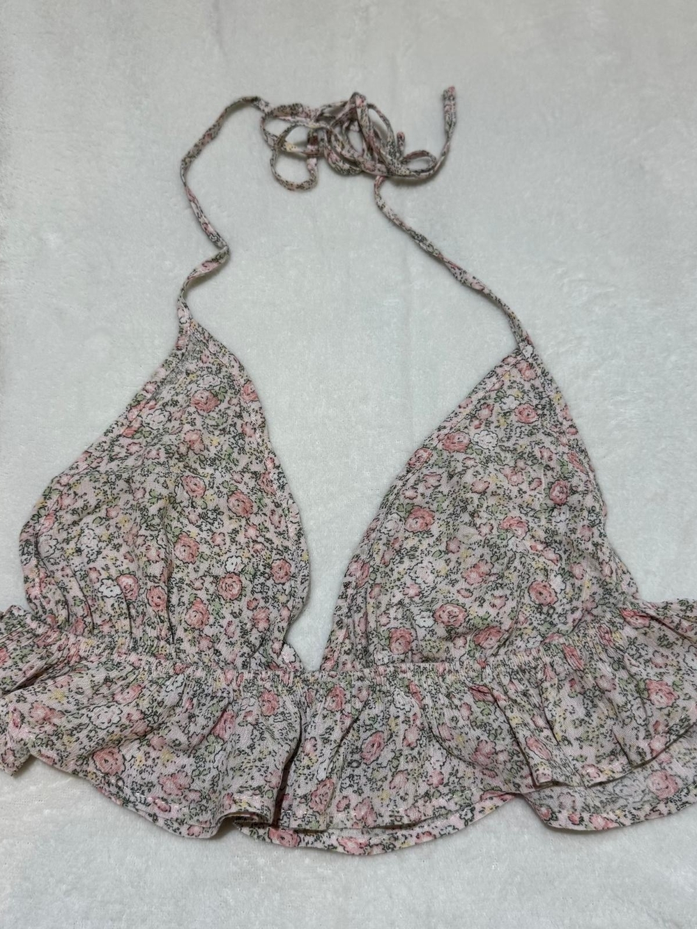 Pink Ditsy Floral Halter Crop Top Ruffle Hem Plunging Small S